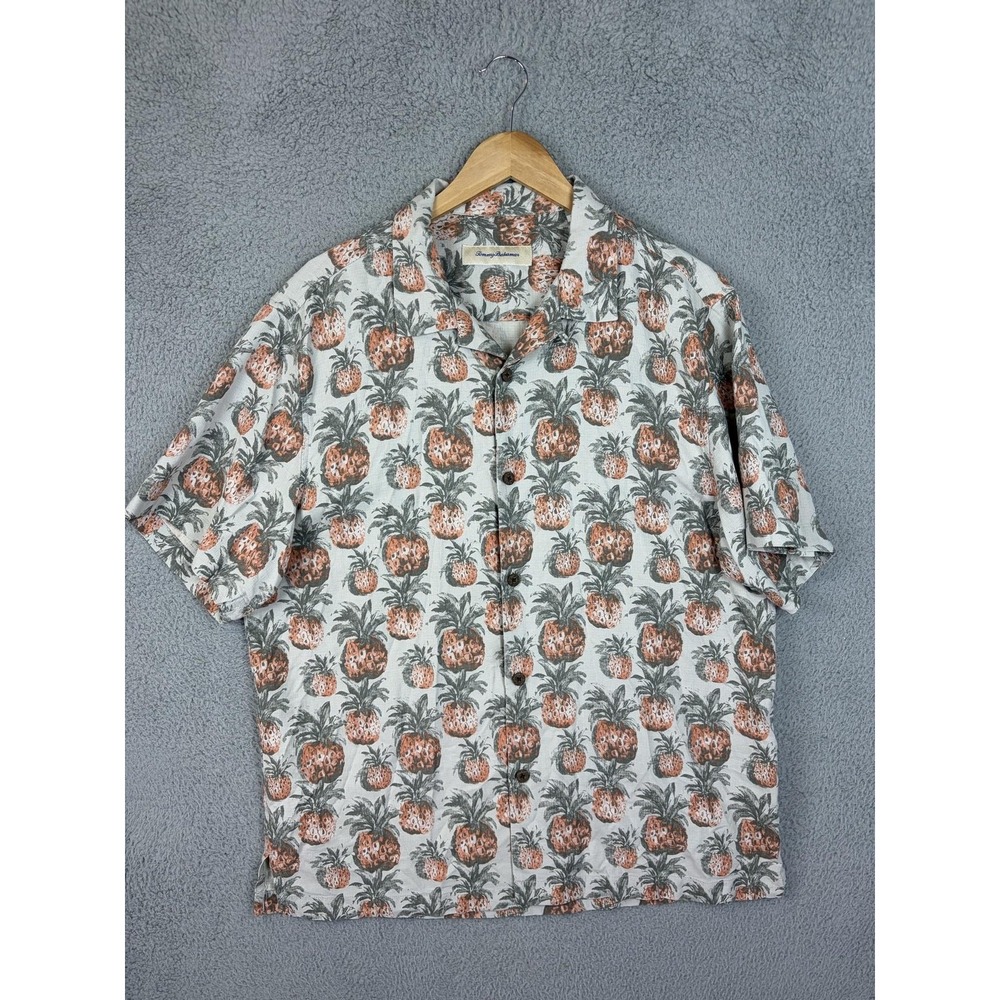 Tommy Bahama Mens Large Gray Pineapple 100% Silk Hawaiian Button-Up Shirt